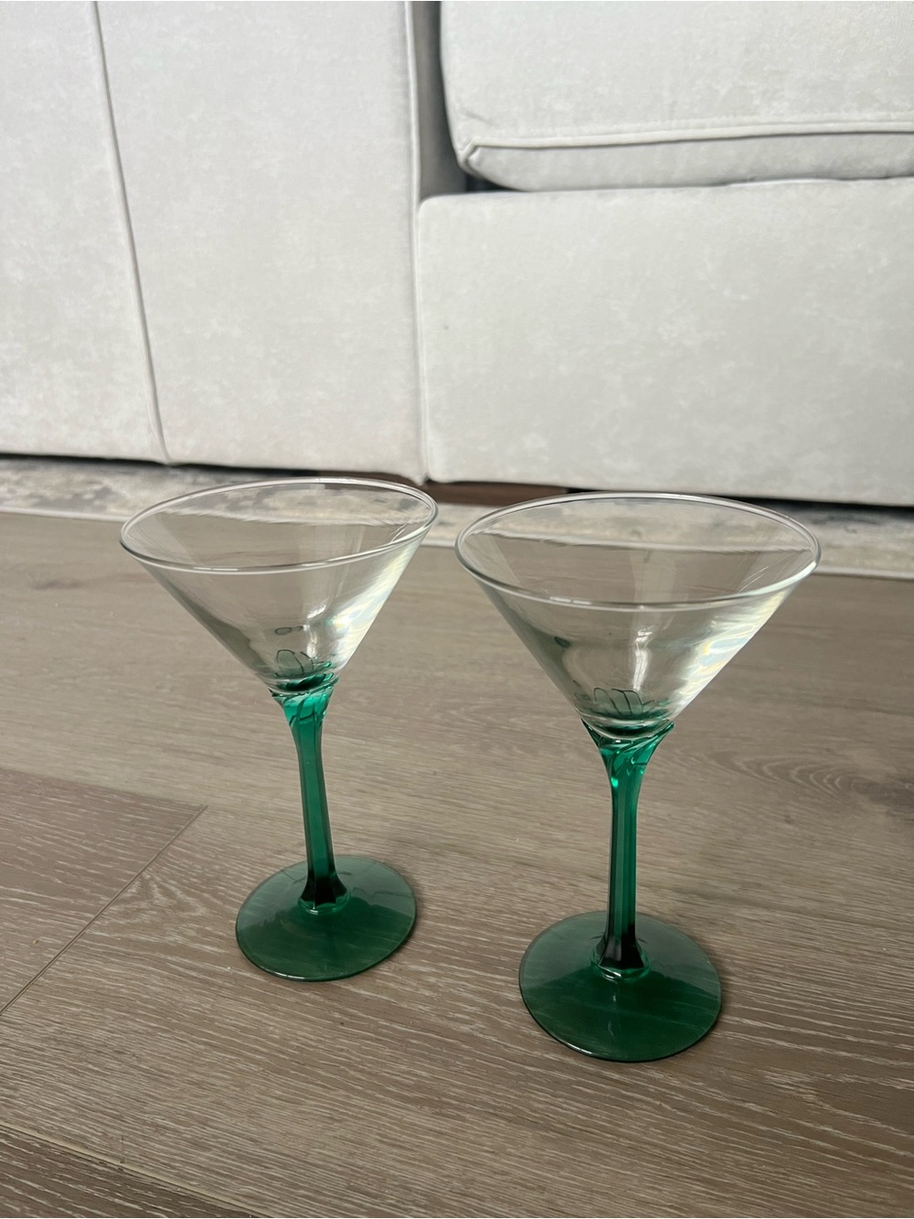 2 Martini Glasses Clear Bowl with Green Tulip Style Stem - 4 oz.